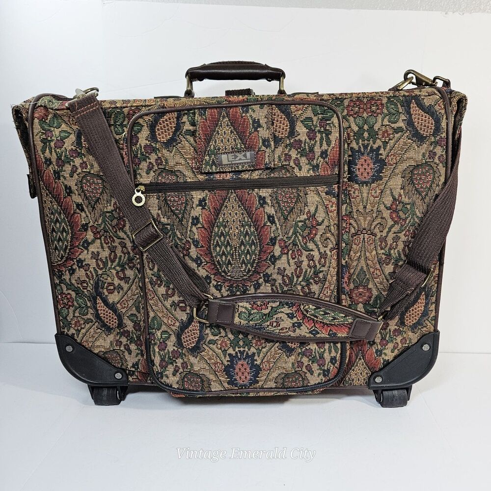 Vtg Lexi Luggage Bag Floral Parsley Tapestry Suitcase Wheels Handle Original Key - Picture 12 of 12